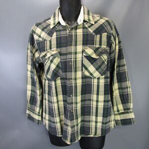 Vtg Painted Mesa Pearl Snap Flannel Shirt Men's Size L Green Plaid‎ Large